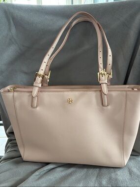 Tory Burch Saffiano (Cross-Grain) Pale Blush Leather Tote with Gold Logo
